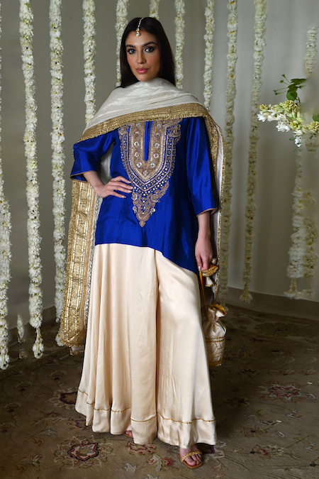 Shop_Shorshe Clothing_Blue , Satin Embroidery, Lace Round Royal Kurta And Ivory Garara Set _Online_at_Aza_Fashions
