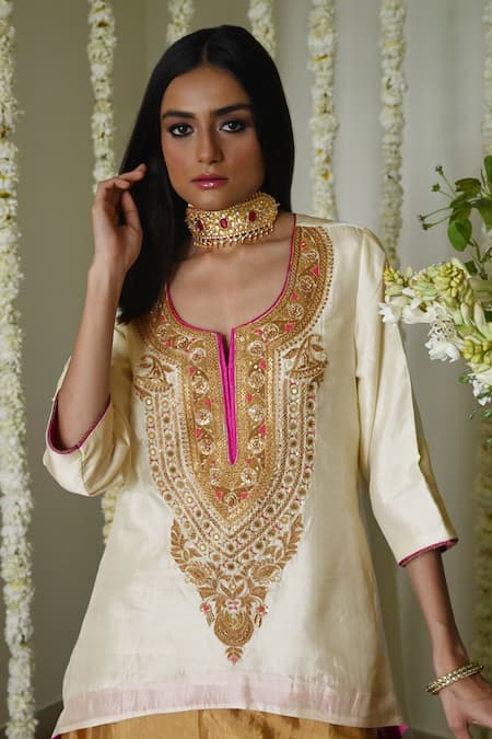 Shorshe Clothing Ivory Silk, Tissue Lace, Embroidery Round Neck Deep Hand Kurta Set Online at Aza Fashions Shorshe Clothing_Ivory Silk, Tissue Lace, Embroidery Round Neck Deep Hand Kurta Set _Online_at_Aza_Fashions