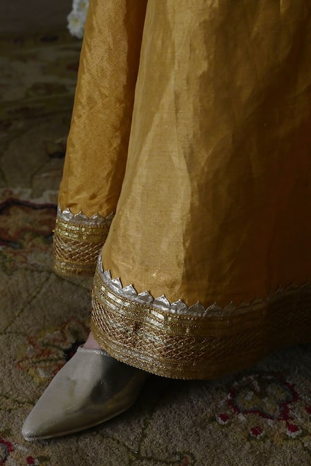 Buy_Shorshe Clothing_Ivory Silk, Tissue Lace, Embroidery Round Neck Deep Hand Kurta Set _Online_at_Aza_Fashions