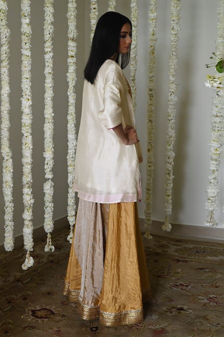Shop Shorshe Clothing Ivory Silk, Tissue Lace, Embroidery Round Neck Deep Hand Kurta Set at Aza Fashions Shop_Shorshe Clothing_Ivory Silk, Tissue Lace, Embroidery Round Neck Deep Hand Kurta Set _at_Aza_Fashions