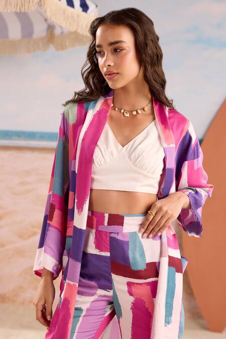 Zazu_Multi Color Modal, Satin Open Neck, Sicily Brushstroke Co-ord Set _Online_at_Aza_Fashions