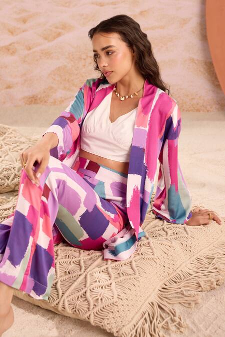 Buy_Zazu_Multi Color Modal, Satin Open Neck, Sicily Brushstroke Co-ord Set _Online_at_Aza_Fashions