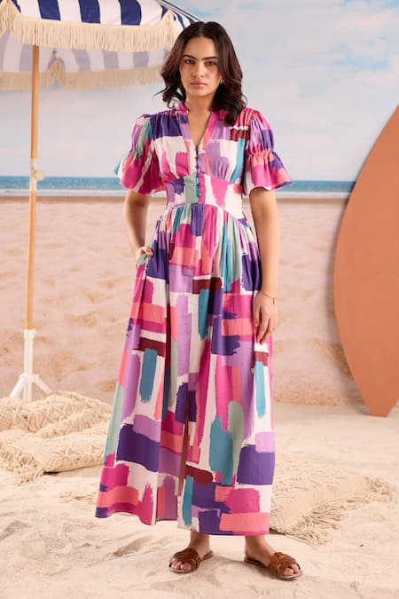 Shop_Zazu_Multi Color Cotton Satin V-neck Sicily Brushstroke Print Maxi Dress _at_Aza_Fashions