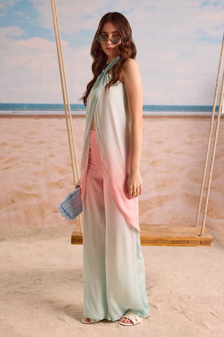 Buy_Zazu_Multi Color Modal, Satin Halter Neck Ombre Havana Co-ord Set _Online_at_Aza_Fashions