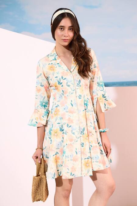 Buy Zazu Multi Color Cotton Satin Collared Pastel Floral Printed Krabi Shirt Dress Online at Aza Fashions Buy_Zazu_Multi Color Cotton Satin Collared Pastel Floral Printed Krabi Shirt Dress _Online_at_Aza_Fashions