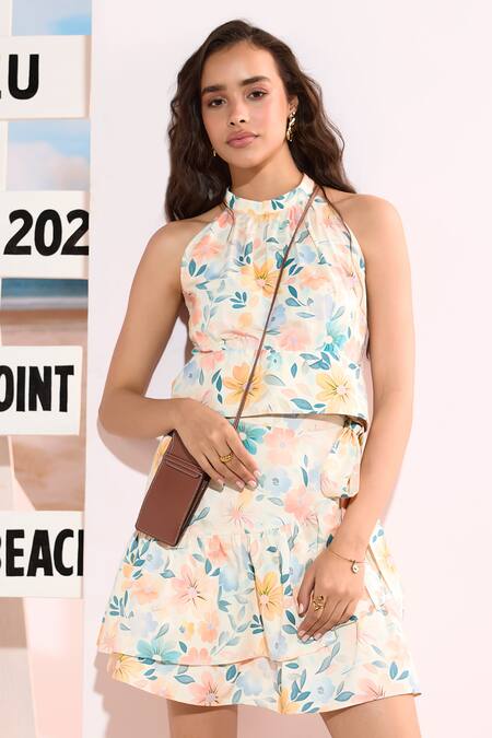 Buy_Zazu_Multi Color Cotton Satin Halter Neck Floral Printed Skirt Set _Online_at_Aza_Fashions