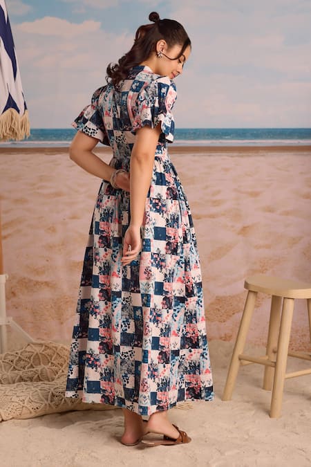 Shop_Zazu_Multi Color Cotton Satin V-neck Vibrant Patchwork Maxi Dress _at_Aza_Fashions