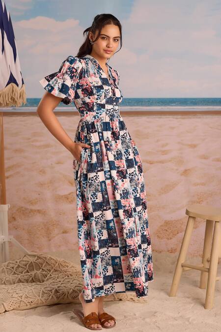Zazu_Multi Color Cotton Satin V-neck Vibrant Patchwork Maxi Dress _Online_at_Aza_Fashions