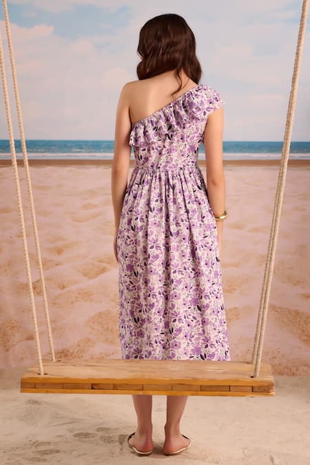 Shop_Zazu_Purple Cotton Satin One Shoulder Floral Midi Dress _at_Aza_Fashions