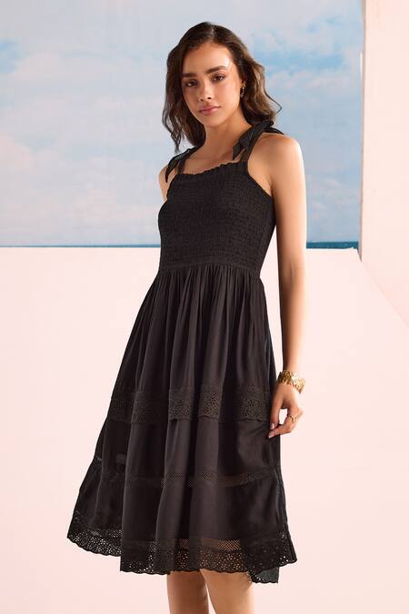 Zazu_Black Rayon Embroidery Schiffli Lace Midi Dress _Online_at_Aza_Fashions