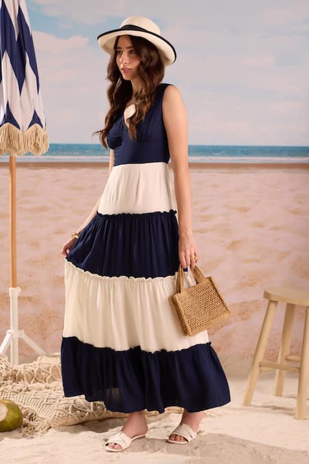 Buy_Zazu_Blue Rayon V-neck Navy And Ivory Tiered Maxi Dress _Online_at_Aza_Fashions