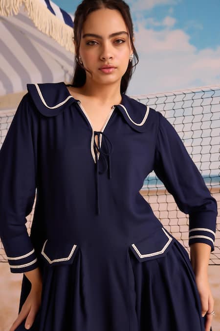 Zazu_Blue Rayon Lace Collared Navy Sailor Dress With Pleated Hem _Online_at_Aza_Fashions