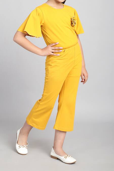 Petite Pomme_Yellow Cotton Fabric Flowers Flared Sleeve Jumpsuit _Online_at_Aza_Fashions