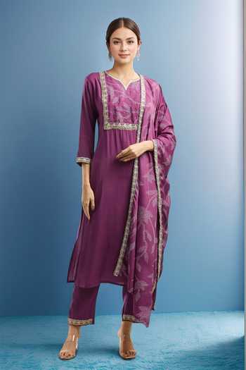 Buy Wine Viscose, Chanderi Embroidery Split V-neck Hand Kurta Set For ...