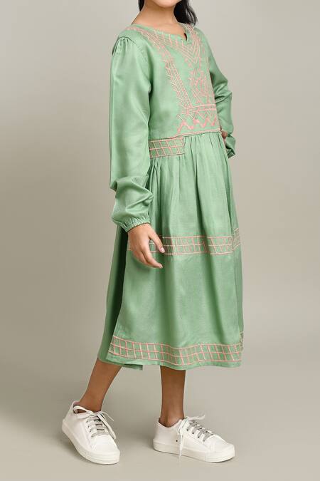 Samyukta Singhania_Green Cotton Embroidery Girls Fit And Flare Dress_Online_at_Aza_Fashions