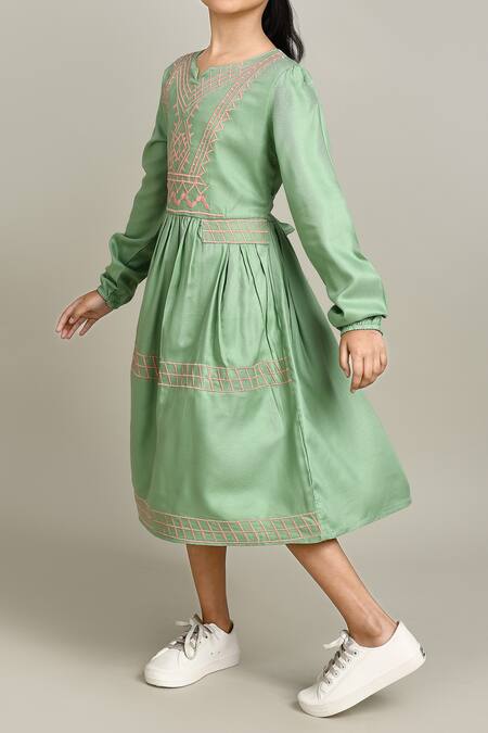 Shop_Samyukta Singhania_Green Cotton Embroidery Girls Fit And Flare Dress_Online_at_Aza_Fashions