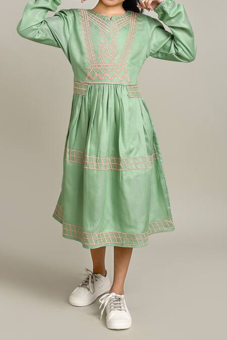 Samyukta Singhania_Green Cotton Embroidery Girls Fit And Flare Dress_at_Aza_Fashions