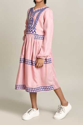 Samyukta Singhania_Pink Cotton Embroidery Fit And Flare Dress_Online_at_Aza_Fashions