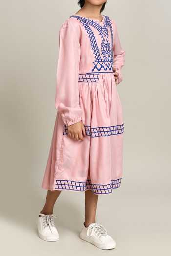 Buy_Samyukta Singhania_Pink Cotton Embroidery Fit And Flare Dress_Online_at_Aza_Fashions