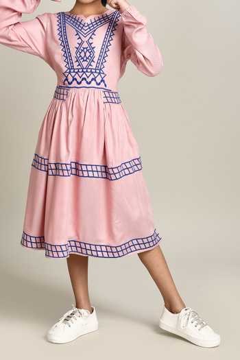 Shop_Samyukta Singhania_Pink Cotton Embroidery Fit And Flare Dress_Online_at_Aza_Fashions
