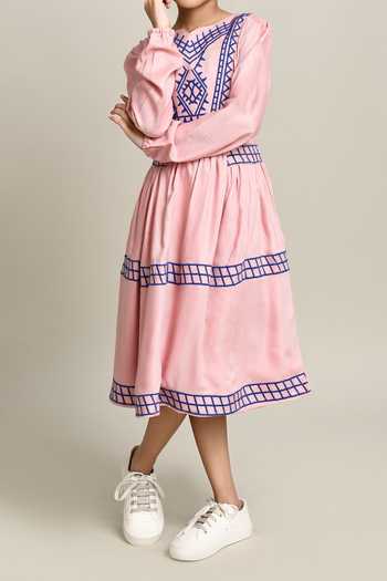 Samyukta Singhania_Pink Cotton Embroidery Fit And Flare Dress_at_Aza_Fashions