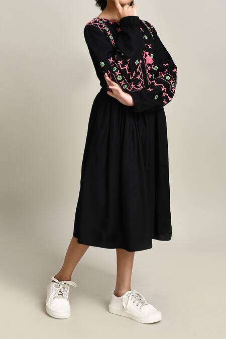 Petite Pomme_Black Cotton Embroidery Girls Fit And Flare Dress_Online_at_Aza_Fashions