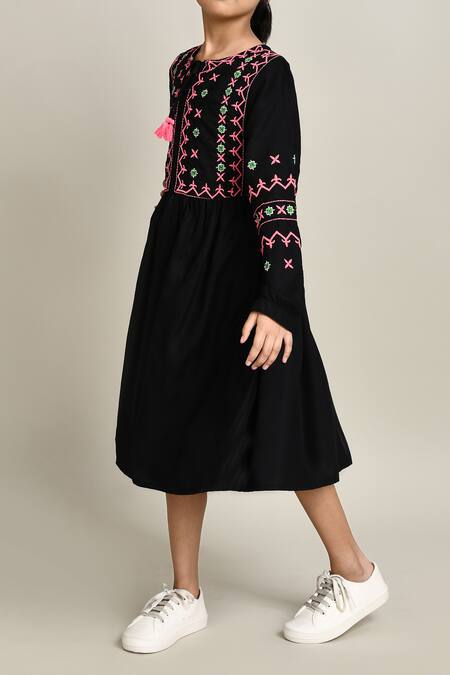 Buy_Petite Pomme_Black Cotton Embroidery Girls Fit And Flare Dress_Online_at_Aza_Fashions