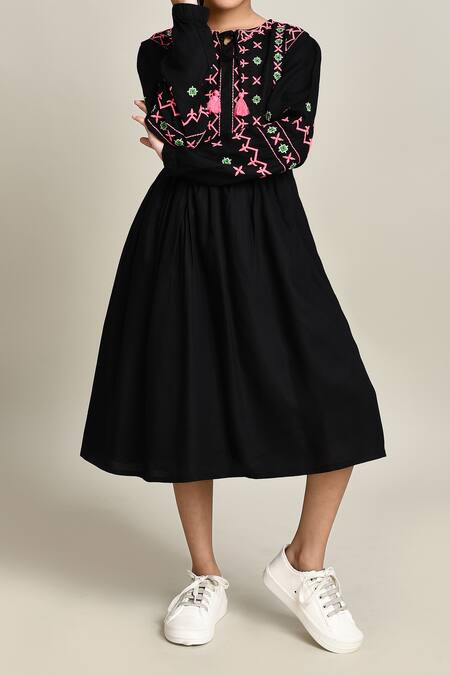 Shop_Petite Pomme_Black Cotton Embroidery Girls Fit And Flare Dress_Online_at_Aza_Fashions