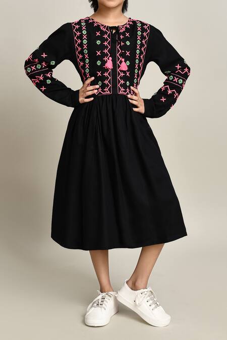 Petite Pomme_Black Cotton Embroidery Girls Fit And Flare Dress_at_Aza_Fashions