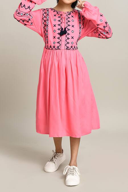 Petite Pomme_Pink Cotton Embroidery Fit And Flare Dress With_Online_at_Aza_Fashions