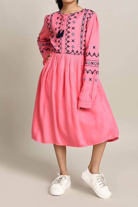 Buy_Petite Pomme_Pink Cotton Embroidery Fit And Flare Dress With_Online_at_Aza_Fashions