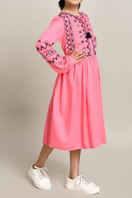 Shop_Petite Pomme_Pink Cotton Embroidery Fit And Flare Dress With_Online_at_Aza_Fashions
