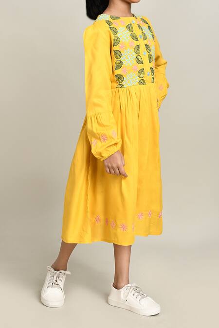 Petite Pomme_Yellow Cotton Embroidery Fit And Flare Dress_Online_at_Aza_Fashions