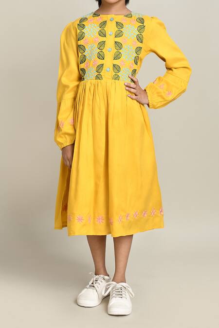 Buy_Petite Pomme_Yellow Cotton Embroidery Fit And Flare Dress_Online_at_Aza_Fashions