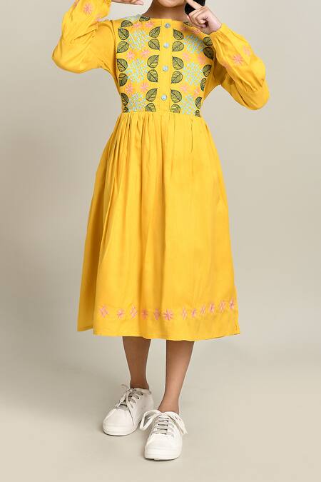 Shop_Petite Pomme_Yellow Cotton Embroidery Fit And Flare Dress_Online_at_Aza_Fashions