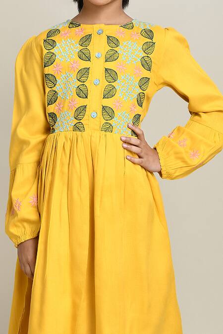 Petite Pomme_Yellow Cotton Embroidery Fit And Flare Dress_at_Aza_Fashions