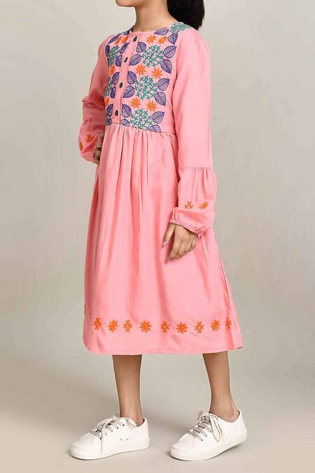 Petite Pomme_Pink Cotton Embroidery Fit And Flare Dress_Online_at_Aza_Fashions