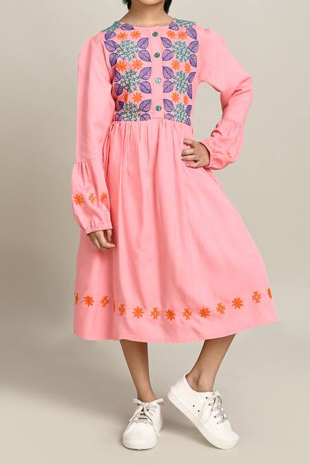Buy_Petite Pomme_Pink Cotton Embroidery Fit And Flare Dress_Online_at_Aza_Fashions