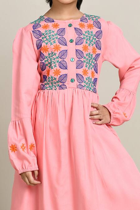 Shop_Petite Pomme_Pink Cotton Embroidery Fit And Flare Dress_Online_at_Aza_Fashions