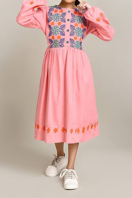 Petite Pomme_Pink Cotton Embroidery Fit And Flare Dress_at_Aza_Fashions