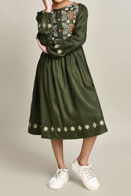 Petite Pomme_Green Cotton Embroidery Fit And Flare Dress_Online_at_Aza_Fashions