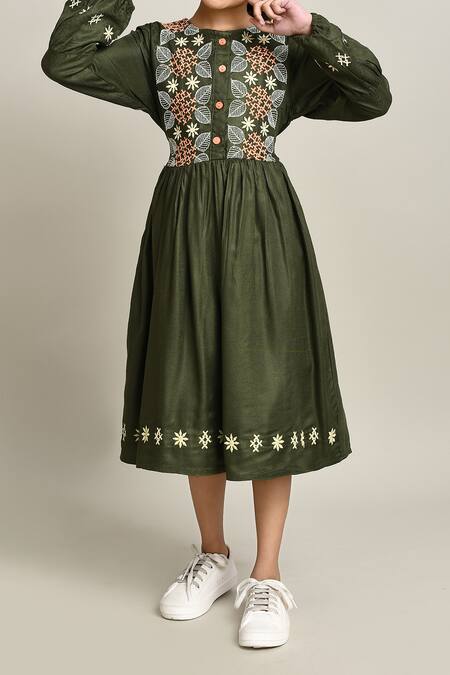 Buy_Petite Pomme_Green Cotton Embroidery Fit And Flare Dress_Online_at_Aza_Fashions