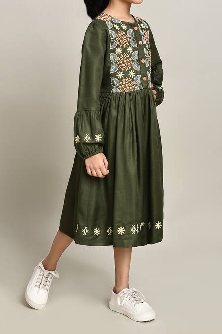 Shop_Petite Pomme_Green Cotton Embroidery Fit And Flare Dress_Online_at_Aza_Fashions