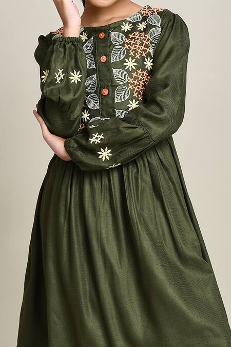 Petite Pomme_Green Cotton Embroidery Fit And Flare Dress_at_Aza_Fashions