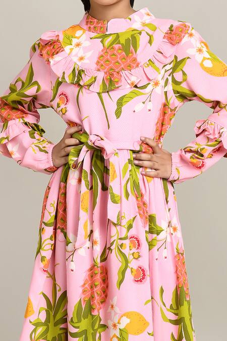 Petite Pomme_Pink Cotton Floral Print Fit And Flare Dress_Online_at_Aza_Fashions