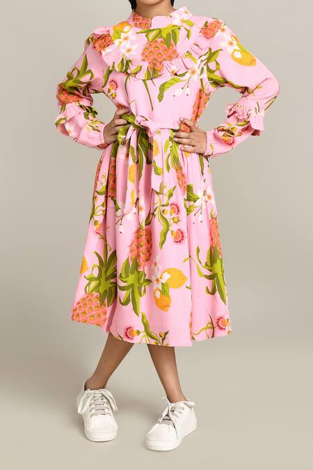 Buy_Petite Pomme_Pink Cotton Floral Print Fit And Flare Dress_Online_at_Aza_Fashions