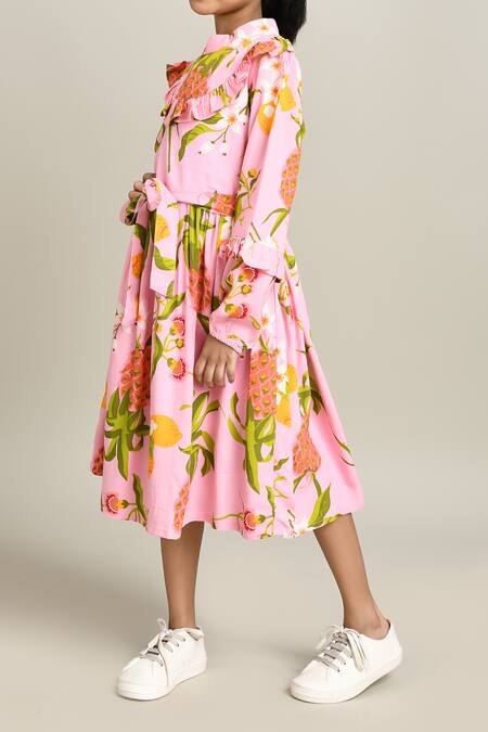 Shop_Petite Pomme_Pink Cotton Floral Print Fit And Flare Dress_Online_at_Aza_Fashions
