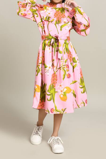 Petite Pomme_Pink Cotton Floral Print Fit And Flare Dress_at_Aza_Fashions