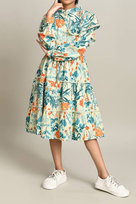 Buy_Petite Pomme_Blue Cotton Floral Print Fit And Flare Dress_Online_at_Aza_Fashions