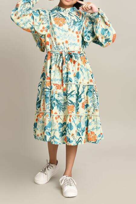 Shop_Petite Pomme_Blue Cotton Floral Print Fit And Flare Dress_Online_at_Aza_Fashions